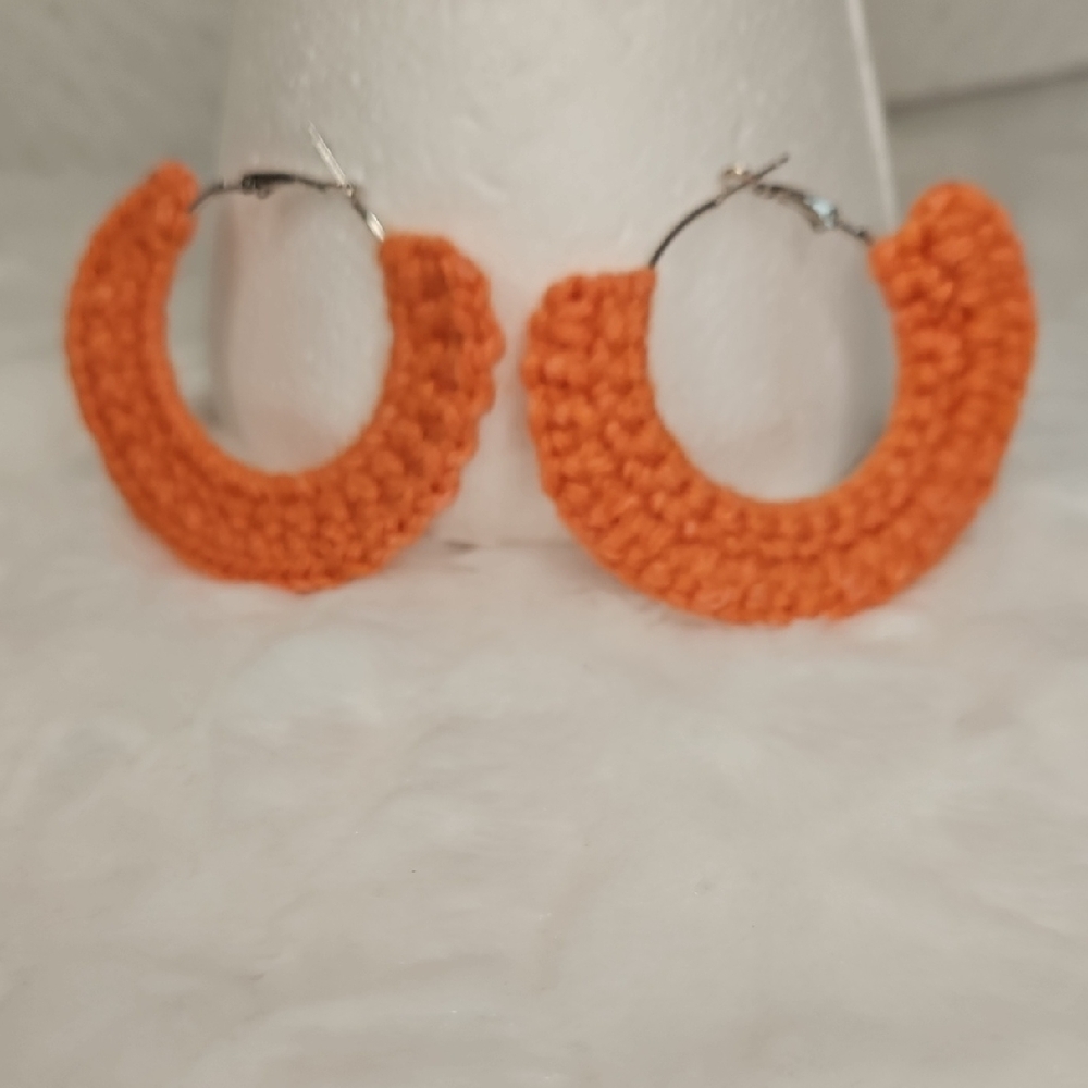 Handmade Orange Crochet Hoop Earrings